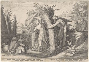 Pan en Syrigs Muuntunut van Ovid (sarjan nimi) tekijältä Hendrick Goltzius (workshop of)