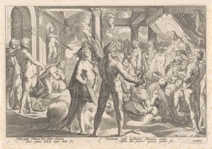 Phaëthon kysyy Apollolta, voiko tämä ajaa vaunuissaan Metamorphoses of Ovid (sarjan nimi) tekijältä Hendrick Goltzius (workshop of)