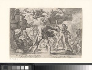 Taistelu jumalten ja jättiläisten välillä Metamorphoses of Ovid (sarjan nimi) tekijältä Hendrick Goltzius (workshop of)