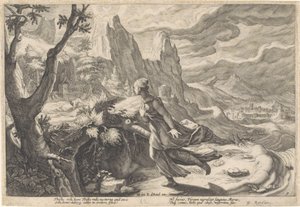 Tämä pakenee leijonaa Metamorphoses of Ovid (sarjan nimi) tekijältä Hendrick Goltzius (workshop of)