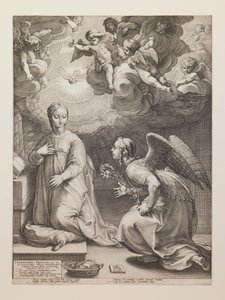 Marian ilmestys, sarjasta "Neitsyt Marian elämä" tekijältä Hendrick Goltzius