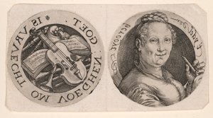 Naisen rintakuva, jolla on kädessään huilu, ja soittimia, yhdellä arkilla. tekijältä Hendrick Goltzius