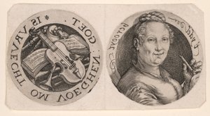 Naisen rintakuva, jolla on kädessään huilu, ja soittimia, yhdellä arkilla. tekijältä Hendrick Goltzius