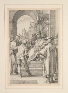 Kristus Pilatuksen edessä, The Passion, numero 5 12 kaiverruksen sarjassa tekijältä Hendrick Goltzius
