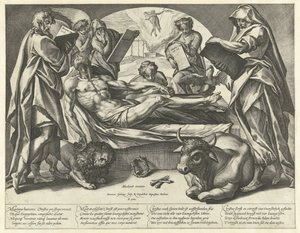 Kuollut Kristus ja neljä evankelistaa tekijältä Hendrick Goltzius