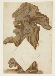 Suunnittelu, jossa naisfiguuri virtaavassa verhoissa tekijältä Hendrick Goltzius