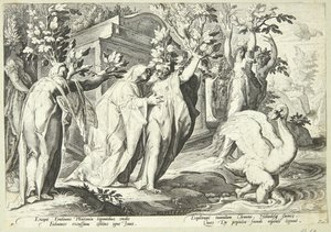 Phaetonin sisaret muuttuvat poppelipuiksi ja Cygnus joutseneksi tekijältä Hendrick Goltzius