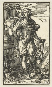 Nuori mies kävelykepin kanssa tekijältä Hendrick Goltzius