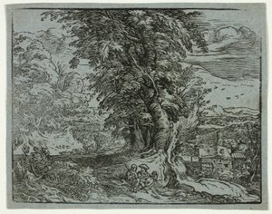 Maisema paimenparin kanssa neljästä pienestä maisemasta tekijältä Hendrick Goltzius