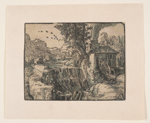Maisema vesiputouksen kanssa tekijältä Hendrick Goltzius