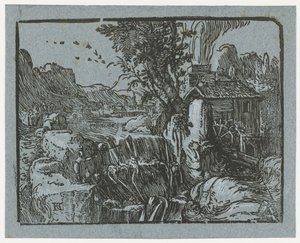 Maisema vesiputouksella Neljä pientä maisemaa (sarjan nimi) tekijältä Hendrick Goltzius
