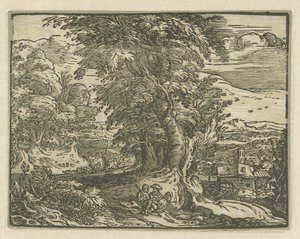 Maisema istuva pari Neljä pientä maisemaa (sarjan nimi) tekijältä Hendrick Goltzius