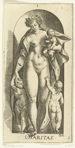 Rakkaus Hyväntekeväisyys (nimi esineessä) Seitsemän hyvettä (sarjan nimi) tekijältä Hendrick Goltzius