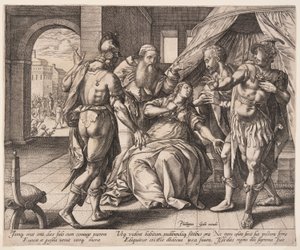 Lucretia tappamassa itseään, Lucretian tarinasta The Story of Lucretia tekijältä Hendrick Goltzius