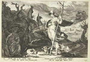 Minerva käskee kateutta täyttämään Agraulosin sydämen kateudella tekijältä Hendrick Goltzius