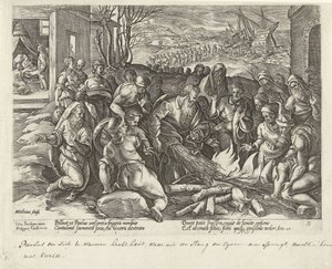 Kyykäärme puree Paulia Maltalla Apostolien teot (sarjan nimi) Acta Apostolorum (sarjan nimi) tekijältä Hendrick Goltzius