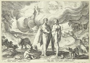 Prometheus luo ihmisen ja antaa hänelle elämän tulella taivaasta tekijältä Hendrick Goltzius