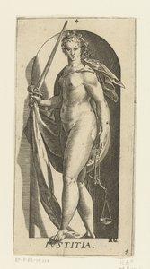 Oikeudenmukaisuus Iustitia (otsikko esineessä) Seitsemän hyvettä (sarjan nimi) tekijältä Hendrick Goltzius