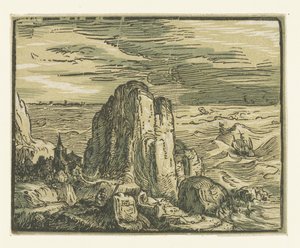 Kivi rannikolla Neljä pientä maisemaa (sarjan nimi) tekijältä Hendrick Goltzius