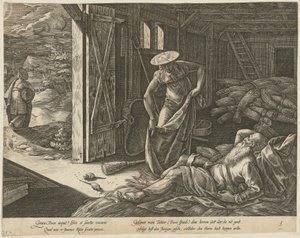 Ruth ja Boas aittahuoneessa, sarjan ”Ruthin tarina” 3. sivu tekijältä Hendrick Goltzius