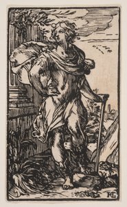 Seisova nuori mies kepin kanssa tekijältä Hendrick Goltzius