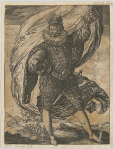 Seisova lipunkantaja, pää kääntyneenä vasemmalle tekijältä Hendrick Goltzius