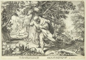 Teiresias iskee sauvallaan kahta parittelevaa käärmettä tekijältä Hendrick Goltzius