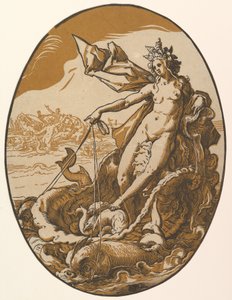 Tethys lepäämässä kahden meriolennon vetämissä jättiläismäisissä simpukkavaunuissa, teoksesta "The Deities"