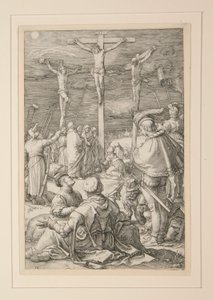 Ristiinnaulitseminen (Kristus ristillä), Passiosta, numero 10 12 kaiverruksen sarjassa tekijältä Hendrick Goltzius