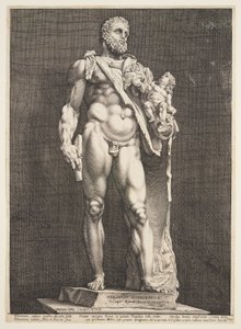 Keisari Commodus Herkuleksena, kolmesta kuuluisasta antiikkipatsaasta Roomassa. tekijältä Hendrick Goltzius