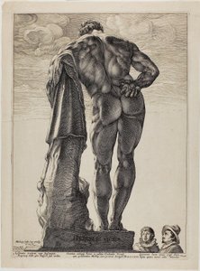Farnesian Hercules, yksi levy kolmelta kuuluisalta antiikkiveistokselta tekijältä Hendrick Goltzius