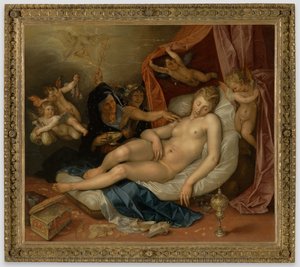 Nukkuvaa Danaëa valmistellaan Jupiteria varten tekijältä Hendrick Goltzius