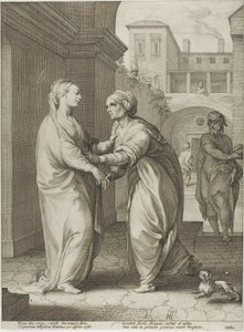 Kristuksen syntymä ja varhainen elämä -teoksen toinen levy, The Visitation, plate two. tekijältä Hendrick Goltzius