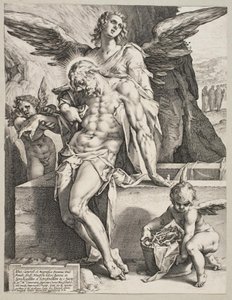 Kristuksen ruumis enkelin tukemana tekijältä Hendrick Goltzius