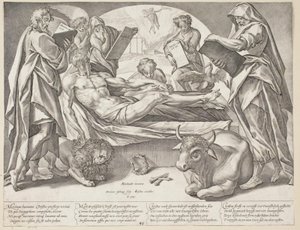 Kuollut Kristus ja neljä evankelistaa tekijältä Hendrick Goltzius
