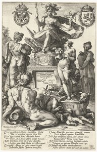 Printtisarjan The Roman Heroes otsikkoprintti Roma (otsikko esineessä) The Roman Heroes (sarjan nimi) tekijältä Hendrick Goltzius
