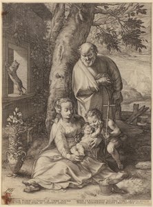 Ilmoitus, sarjan ”Neitsyt Marian elämä” 1. sivu tekijältä Hendrick Goltzius