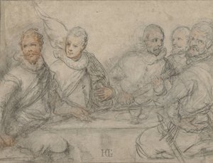 Viisi upseeria, opiskele pyssymiesten ateriaa varten. tekijältä Hendrick Goltzius