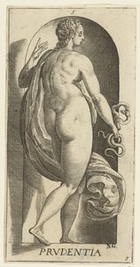 Varoitus Prudentia (otsikko esineessä) Seitsemän hyvettä (sarjan nimi) tekijältä Hendrick Goltzius
