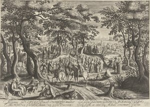 Johannes Kastaja saarnaa väkijoukolle tekijältä Hendrick Hondius (I)