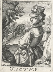 Tunne (Tactus), nainen linnun kanssa Tactus (otsikko esineessä) Viisi aistia (sarjan nimi) tekijältä Hendrick Hondius (rejected attribution)