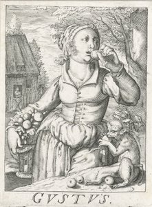 Maku (Gustus), nainen hedelmien kanssa Gustus (otsikko esineessä) Viisi aistia (sarjan nimi) tekijältä Hendrick Hondius (rejected attribution)