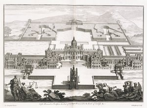 Castle Howard Yorkshiressa, teoksesta "Vitruvius Britannicus" tai "Brittiläinen arkkitehti, joka sisältää sekä julkisten että yksityisten tavanomaisten rakennusten suunnitelmat, korkeudet ja osat Isossa-Britanniassa", Colin Campbell tekijältä Hendrick Hulsberg