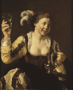 Tyttö pitelee lasia (le gout, serie des cinq sens) - Tyttö pitelee lasia (Taste. Sarjasta "The Five Senses"), kirjoittanut Terbrugghen, Hendrick Jansz (1588-1629). öljy kankaalle