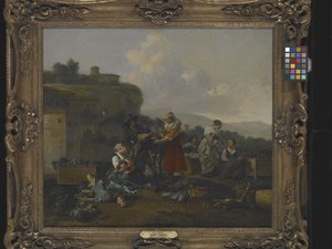 Vihannesmarkkinat Italiassa hahmoilla (öljy kankaalle)