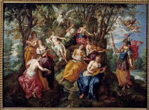 Vierailu Minervassa Musesissa Hendrick de Clerkin (1570-1629) maalaus (ec.flam.) 1600-luvun Chalons Sur Marne. Kuvataidemuseo tekijältä Hendrick de Clerk