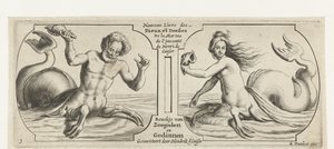 Kaksi lokeroa, jokaisessa triton Merijumalien ja jumalattarien Nouveau Livre des Dieux et Deeßes De la Marine Bouckje (otsikko esineessä) Nouveau Livre des Dieux et Deeßes De la Marine Bouckje of Sea Gods and Goddess (sarjan nimi) tekijältä Hendrick de Keyser (I)