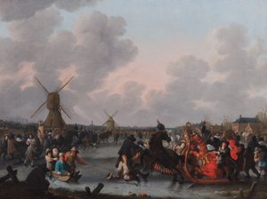 Talvimaisema, jossa on lukuisia hevosrekiä jäällä tekijältä Hendrick de Meijer