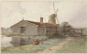 Tuulimylly puurakennuksilla lähellä Amsterdamia tekijältä Hendrik Abraham Klinkhamer