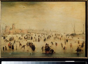 ""Ice Skaters"" (talvikohtaus) (hollantilainen) Hendrick Avercampin (1585-1634) maalaus noin 1615 Moskova, Pushkin Museum of Fine Arts